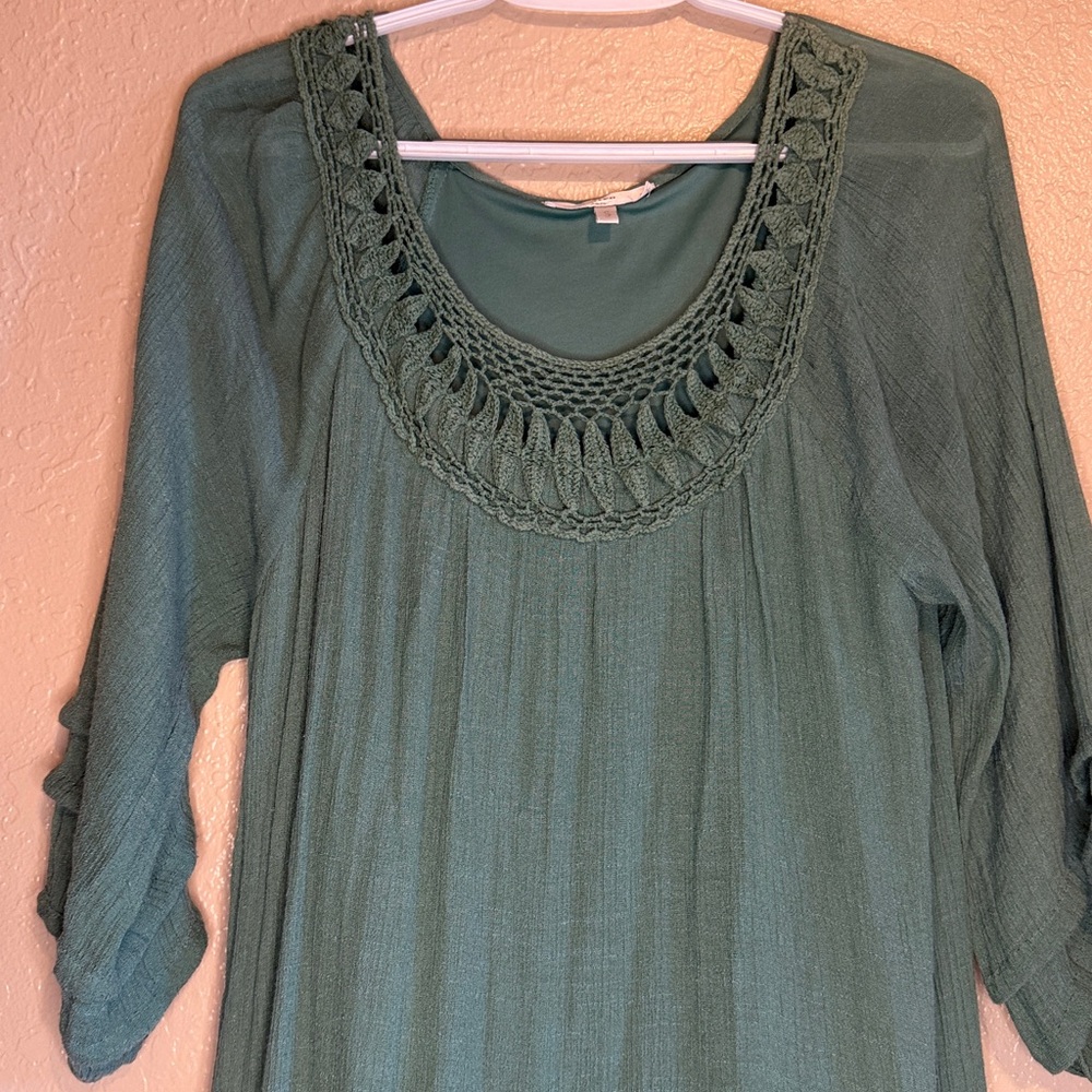 Entro sage Green Crochet Neck Midi flowy loose spring Dress ruffles tiered